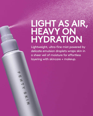 Fenty Skin spray bottle with text on a purple background