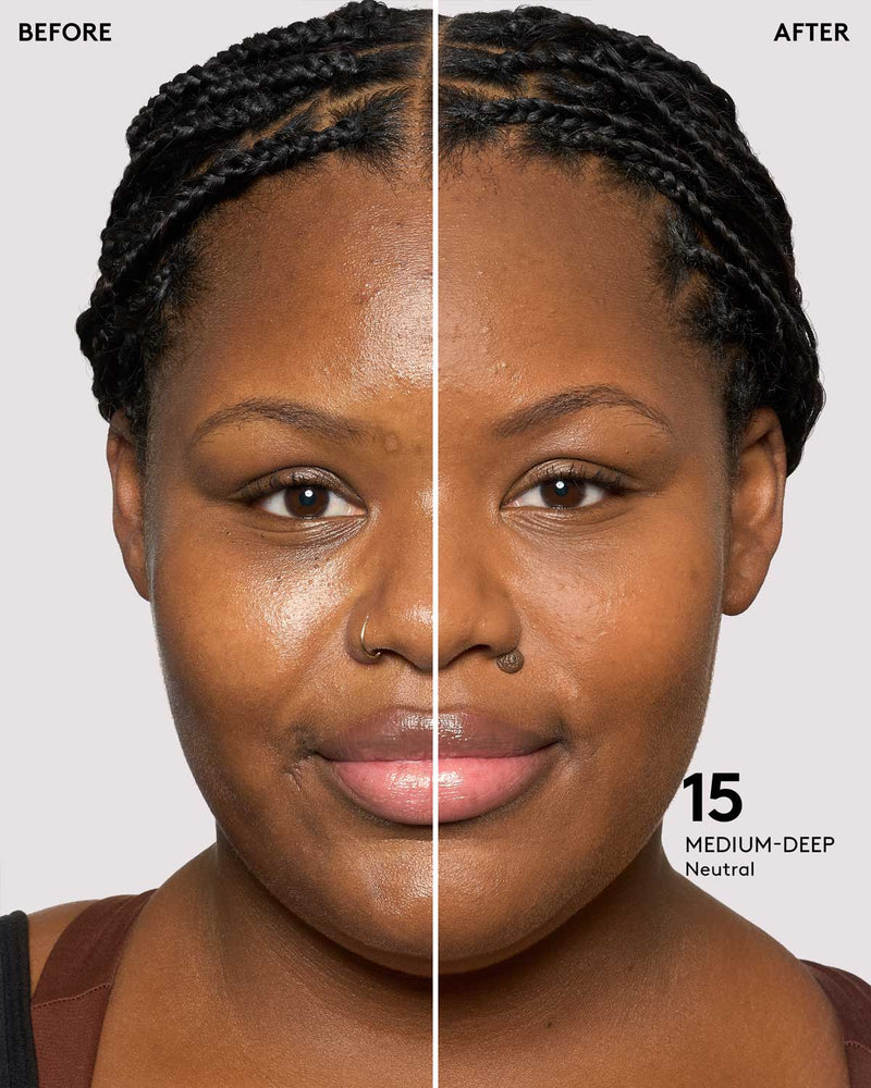 before and after of medium-deep skin toned model in eaze drop stick
