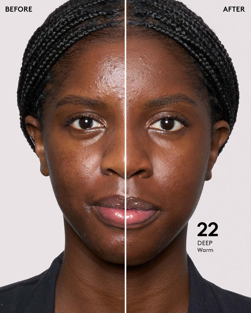 before and after of deep skin toned model in eaze drop stick