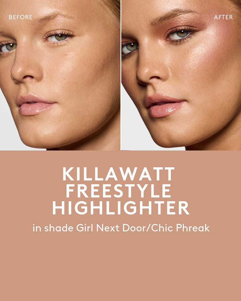before and after of light-medium skin toned model wearing killawatt freestyle highlighter in shade girl next door/chic phreak