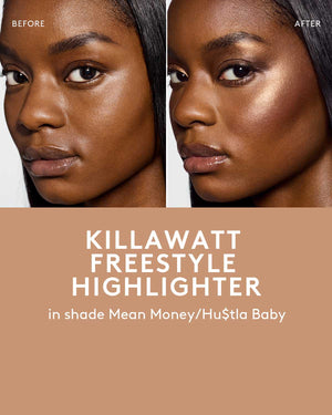 before and after of skin toned model wearing killawatt freestyle highlighter in shade mean money/hu$tla baby