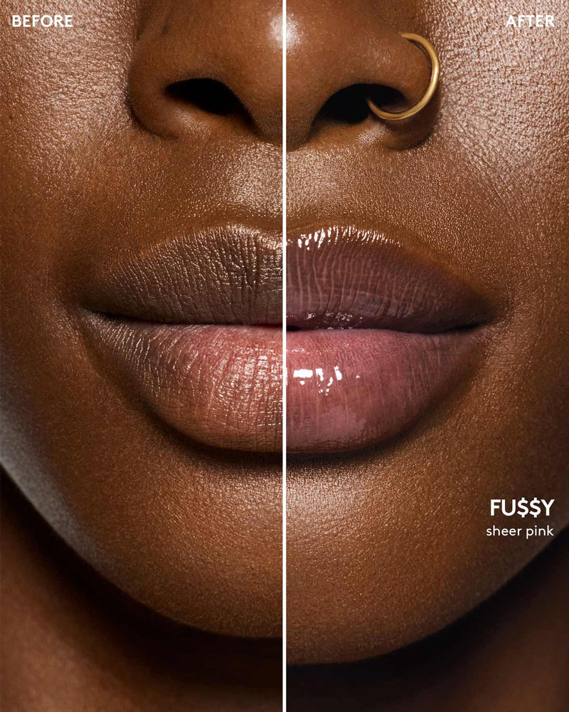 before and after of gloss bomb heat lip plumper in fu$$y heat on deep skin toned model