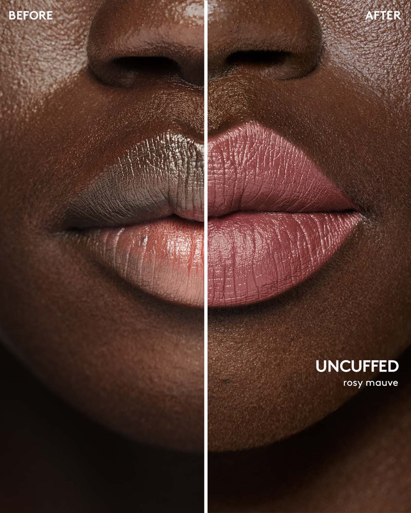 before and after of deep skin toned model wearing stunna lip paint in shade uncuffed