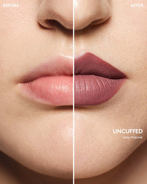 before and after of light skin toned model wearing stunna lip paint in shade uncuffed