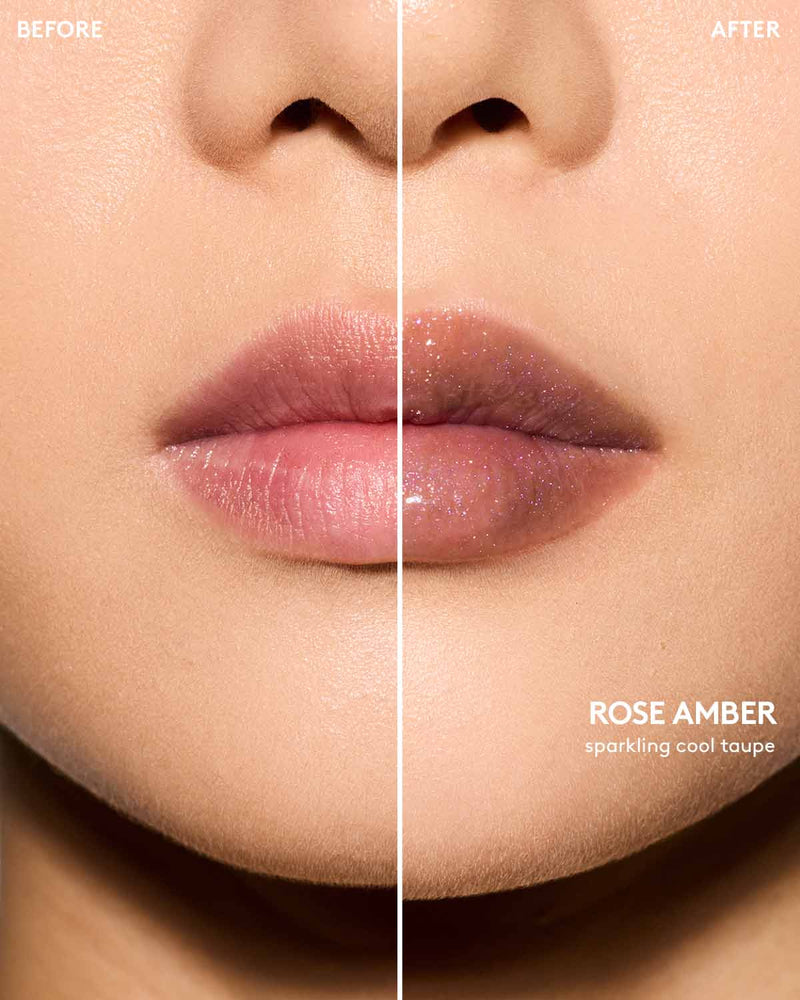 Light skin tone model before and after using Gloss Bomb Oil Luminizing Oil and Gloss in shade Rose Amber.