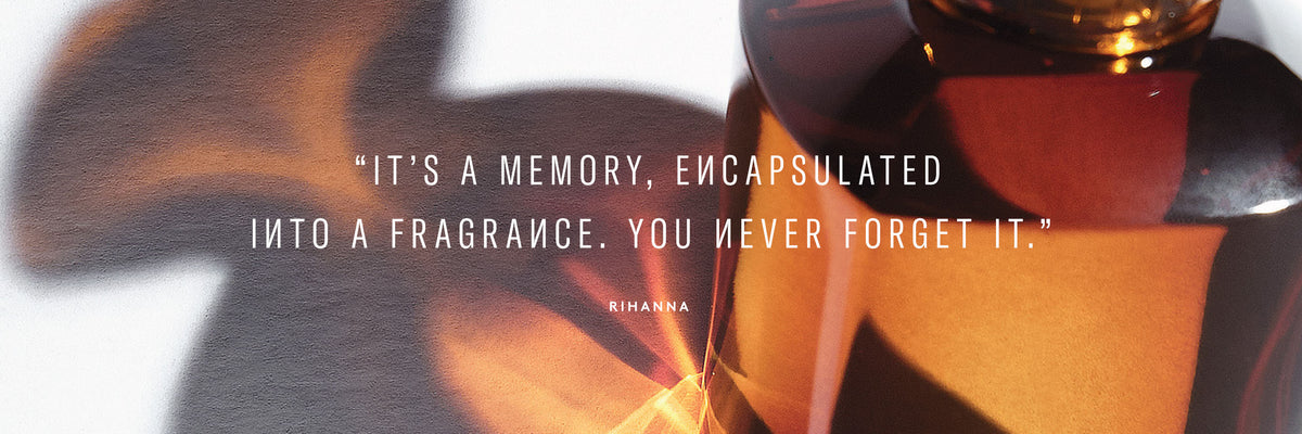 amber colored bottle with quote overlayed reading "it's a memory encapsulated into a fragrance. you never forget it"