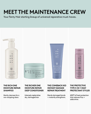 Fenty Hair Deep Moisture Repair Full-Size Bundle includes shampoo, deep conditioner, hair treatment, and a heat protectant hair styler.
