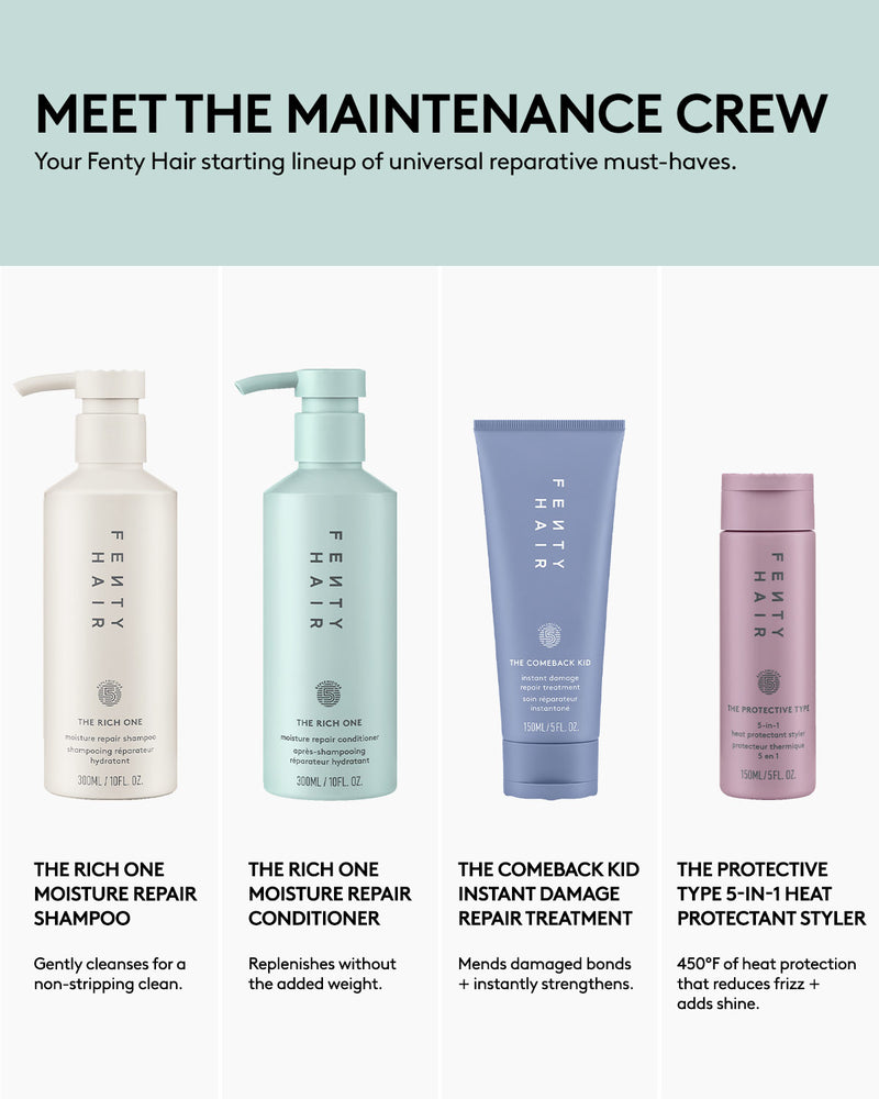 Fenty Hair Deep Moisture Repair Full-Size Bundle includes shampoo, conditioner, damage repair hair treatment, and a heat protectant hair styler.