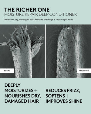 Microscopic photograph showing a strand of hair before and after 1st use of Fenty Hair deep conditioner, which melts into dry, damaged hair, reduces breakage + repairs split ends. Deep conditioner deeply moisturizes + nourishes dry, damaged hair and reduces frizz, softens + improves shine.