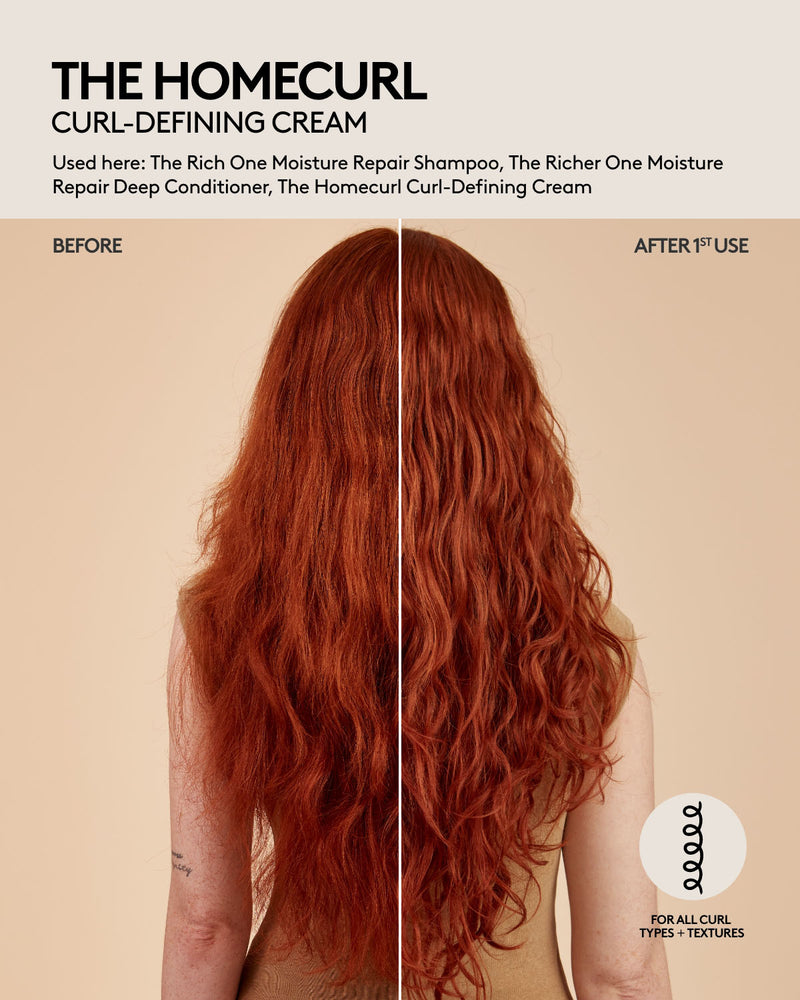 The Homecurl Curl-Defining Cream before and after results after one use on wavy hair