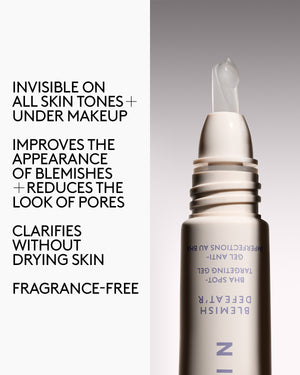 Close-up of the Blemish Defeat'r BHA Spot-Targeting Gel tip next to overlay text detailing its benefits.