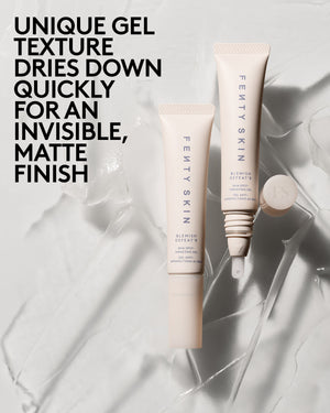 Two tubes of Blemish Defeat'r Gel next to overlay text "Dries down quickly for an invisible matte finish"