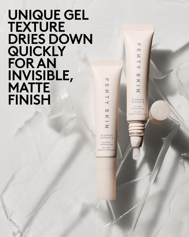 Two tubes of Blemish Defeat'r Gel next to overlay text "Dries down quickly for an invisible matte finish"