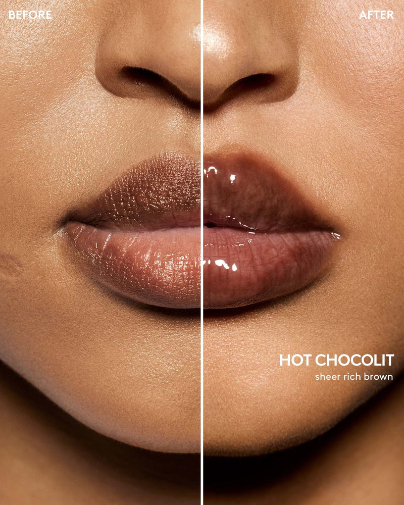 before and after of gloss bomb heat lip plumper in hot chocolit heat on medium skin toned model