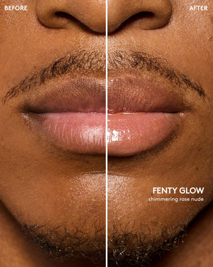 before and after of deep skin toned model wearing gloss bomb universal lip luminizer in fenty glow