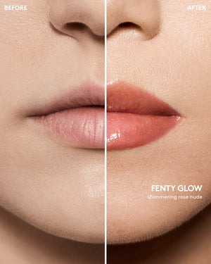 before and after of light skin toned model wearing gloss bomb universal lip luminizer in shade fenty glow