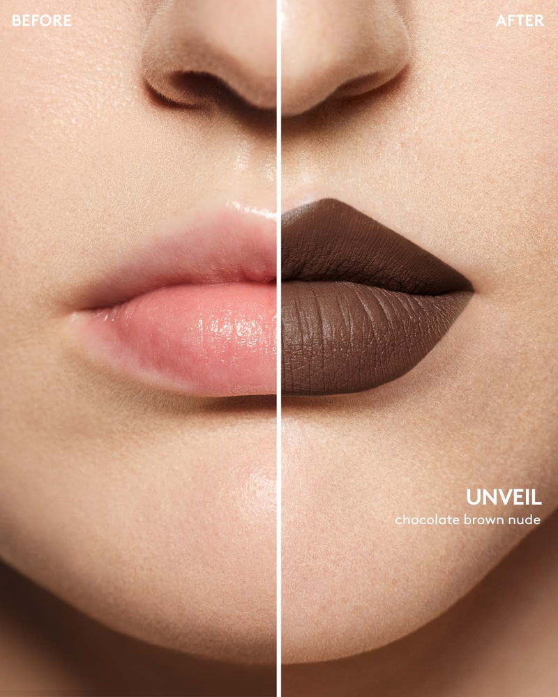 before and after of light skin toned model wearing stunna lip paint in shade unveil