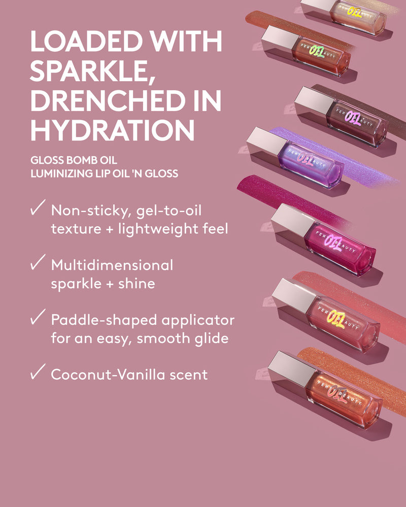 Loaded with sparkle, drenched in hydration. Gloss Bomb Oil Luminizing Oil 'N Gloss. Non-sticky gel-to-oil texture + lightweight feel. Multi dimensional sparkle + shine. Paddle-shaped applicator for an easy, smooth glide. Coconut-Vanilla scent.