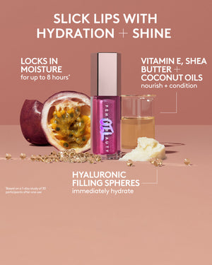 Slick lips with hydration + shine. Locks in moisture for up to 8 hours based on a 1-day study of 30 participants after one use. Vitamin e, shea butter + coconut oils nourish and conditioner. Hyaluronic filling spheres immediately hydrates.