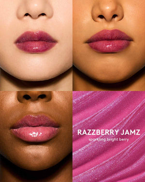 Gloss Bomb Oil Luminizing Oil and  Gloss in shade Rasperry Jams on light, medium, and deep skin tones. Raspberry Jams is a sparkling bright berry.