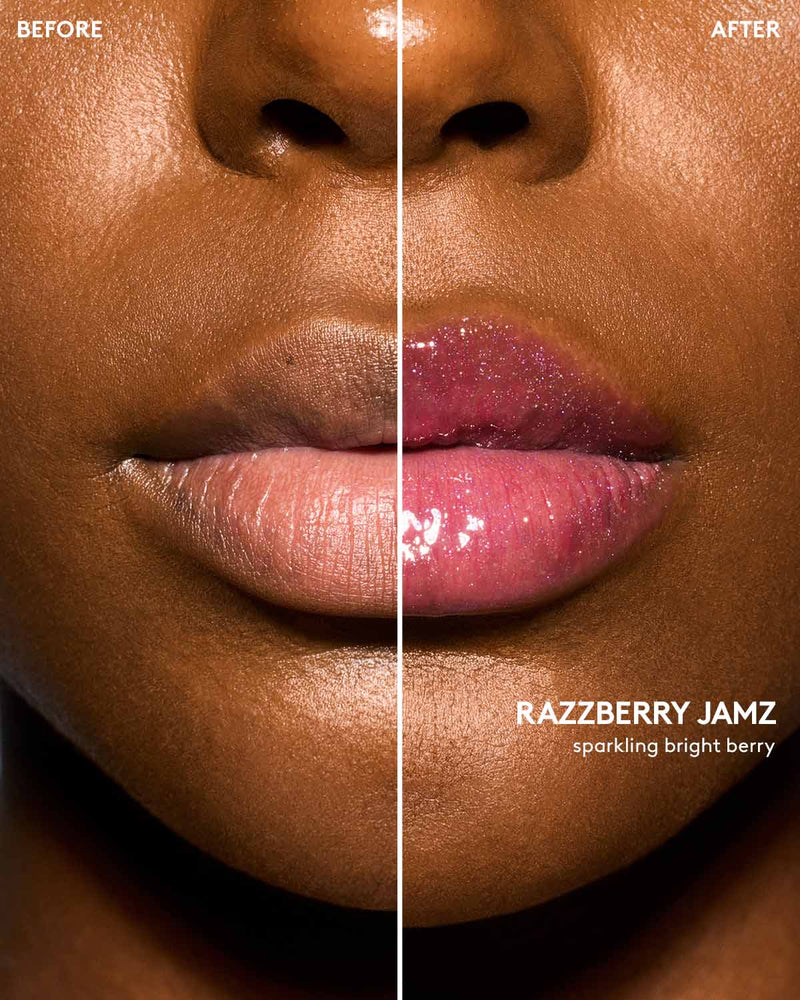 Deep skin tone model before and after using Gloss Bomb Oil Luminizing Oil and  Gloss in shade Raspberry Jams.