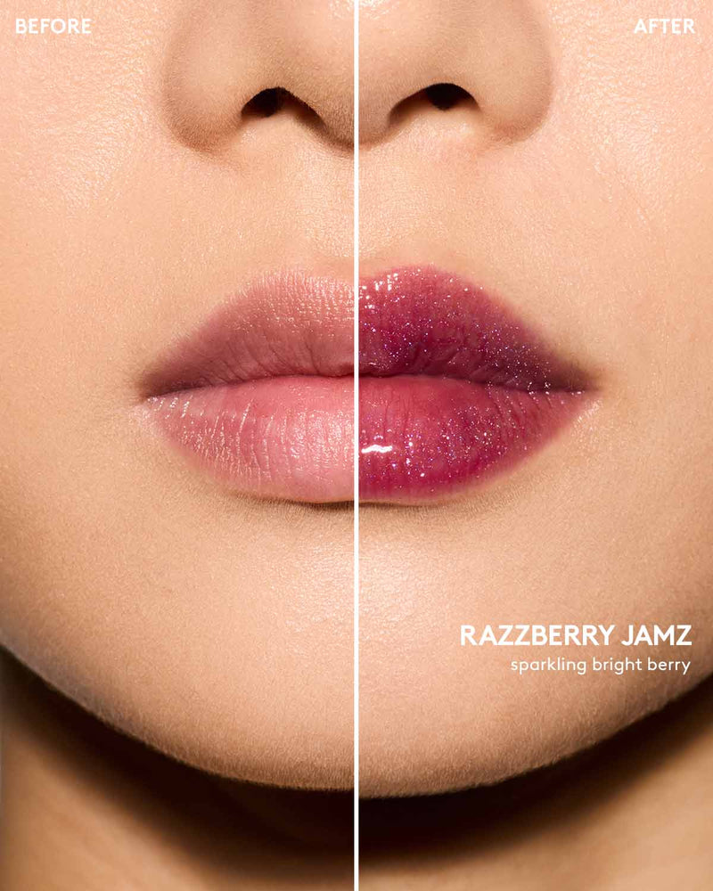 Light skin tone model before and after using Gloss Bomb Oil Luminizing Oil and  Gloss in shade Raspberry Jams.