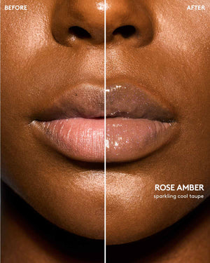 Deep skin tone model before and after using Gloss Bomb Oil Luminizing Oil and  Gloss in shade Rose Amber.